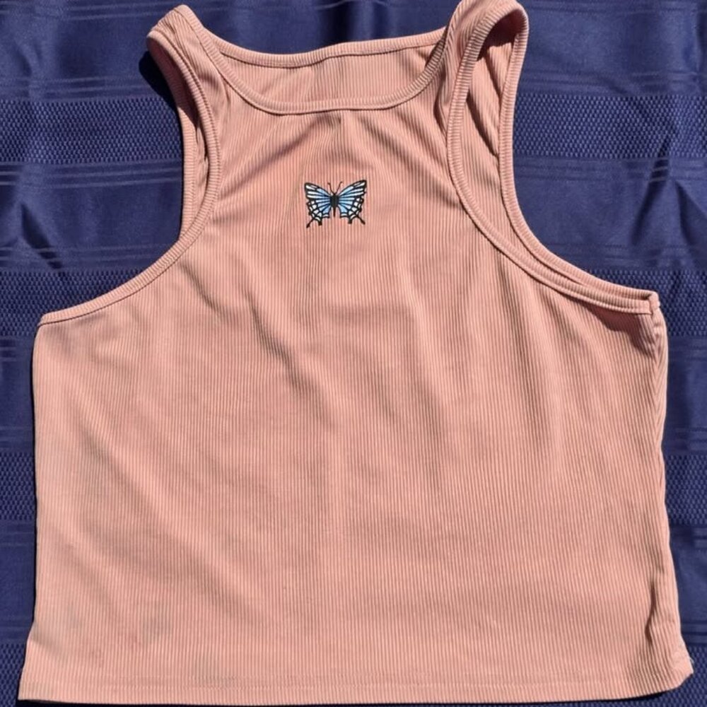 Tank Top Womens Size XL Pink with butterfly scoop neck poly blend crop